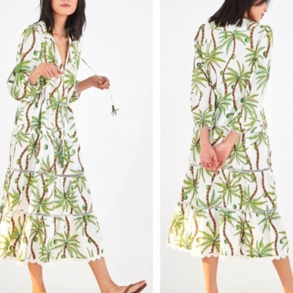 FARM Rio Swinging Palm Linen Midi Dress